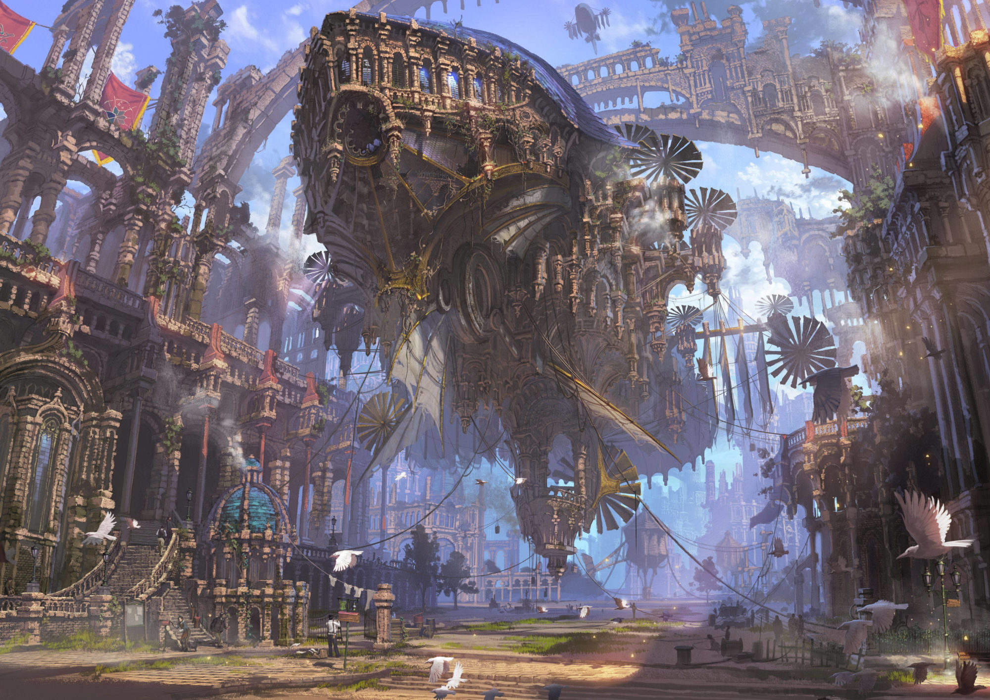 An intricate airship hovers amongst a metal jungle that poses as a city